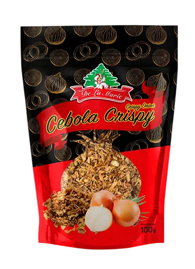 Cebola Crispy De La Marie 100g - embalagem preta e vermelha com cebolas douradas crocantes