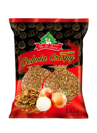 Cebola Crispy De La Marie 1,01kg - embalagem preta e vermelha com cebolas douradas crocantes