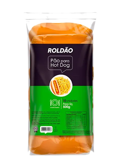 Pão para Hot Dog Roldão 500g - embalagem preta e verde com pães tipo hot dog
