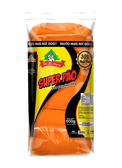 Super Pão De La Marie 650g - embalagem amarela e laranja para hot dog