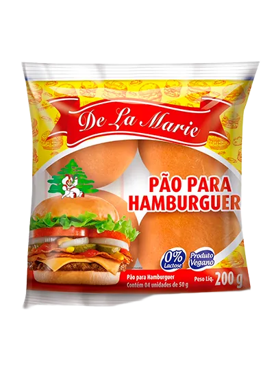 Pão para Hambúrguer De La Marie 200g - embalagem amarela com pães para hambúrguer