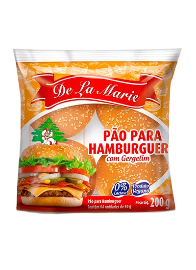 Pão para Hambúrguer com Gergelim De La Marie 200g - embalagem laranja com pães com gergelim