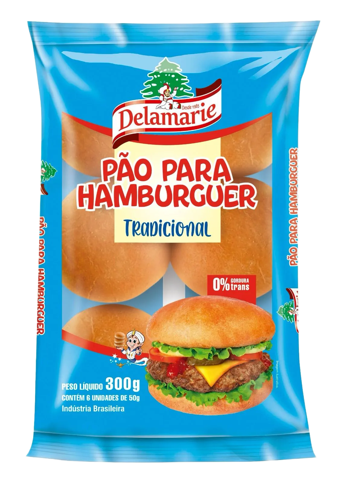 Pão para Hambúrguer Tradicional Delamarie 300g - embalagem azul com pães tipo hambúrguer