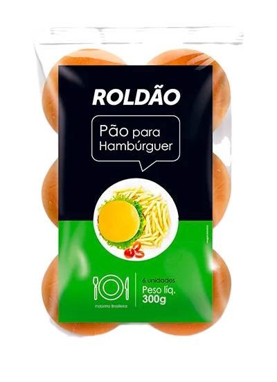 Pão para Hambúrguer Roldão 300g - embalagem preta e verde com pães tipo hambúrguer