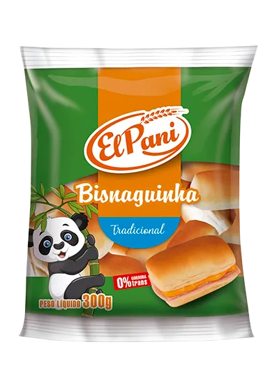 Bisnaguinha Tradicional ElPani 300g - embalagem verde e laranja com panda