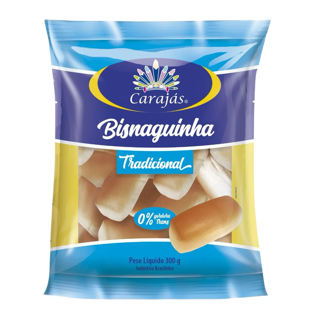 Bisnaguinha Tradicional Carajás 300g - embalagem azul e amarela com bisnaguinhas