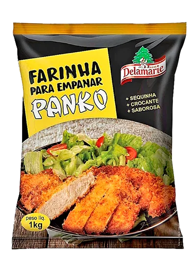 Farinha para Empanar Panko Delamarie 1kg - embalagem preta e amarela com farinha crocante