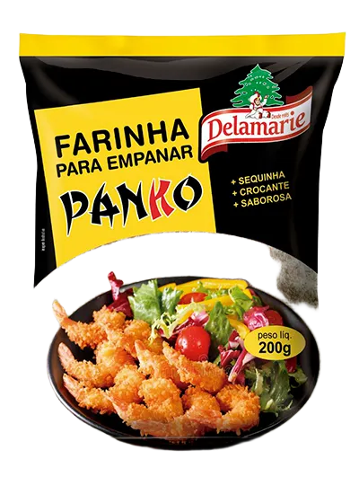 Farinha para Empanar Panko Delamarie 200g - embalagem preta e amarela com farinha crocante