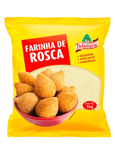 Farinha de Rosca Delamarie 1kg - embalagem amarela com farinha de rosca para empanar