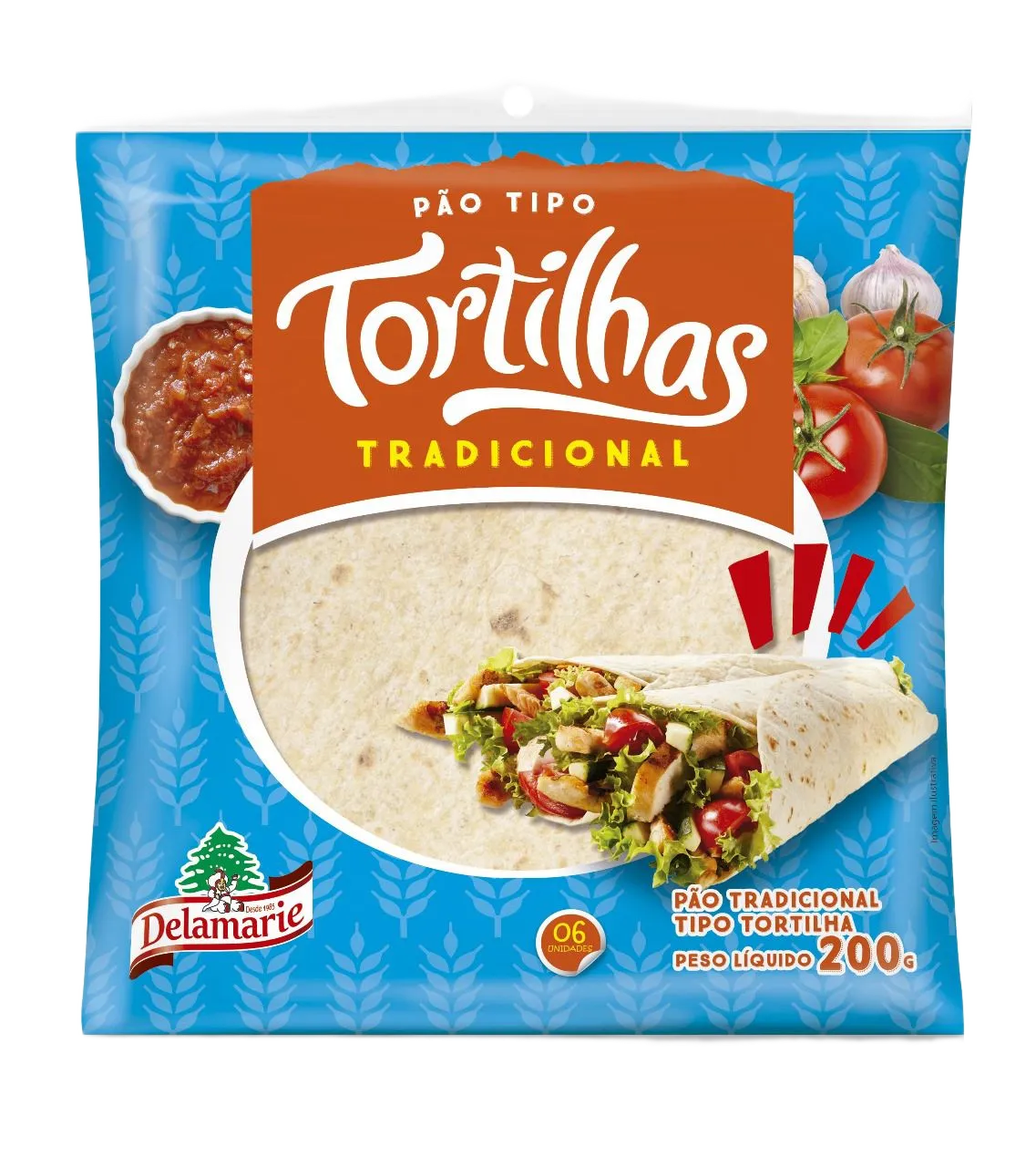 Tortilhas Tradicional Delamarie 200g - embalagem azul com pães tipo tortilha