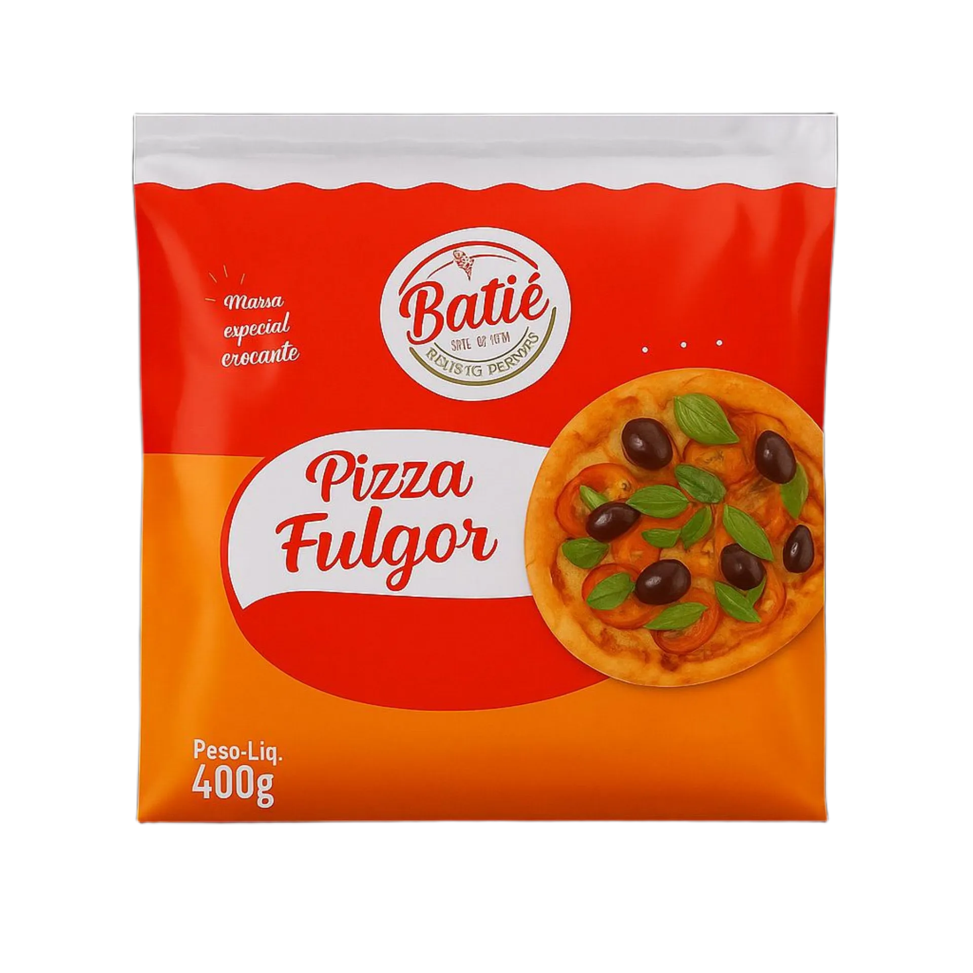Pizza Fulgor Batiê 400g - embalagem vermelha e laranja com massa especial crocante