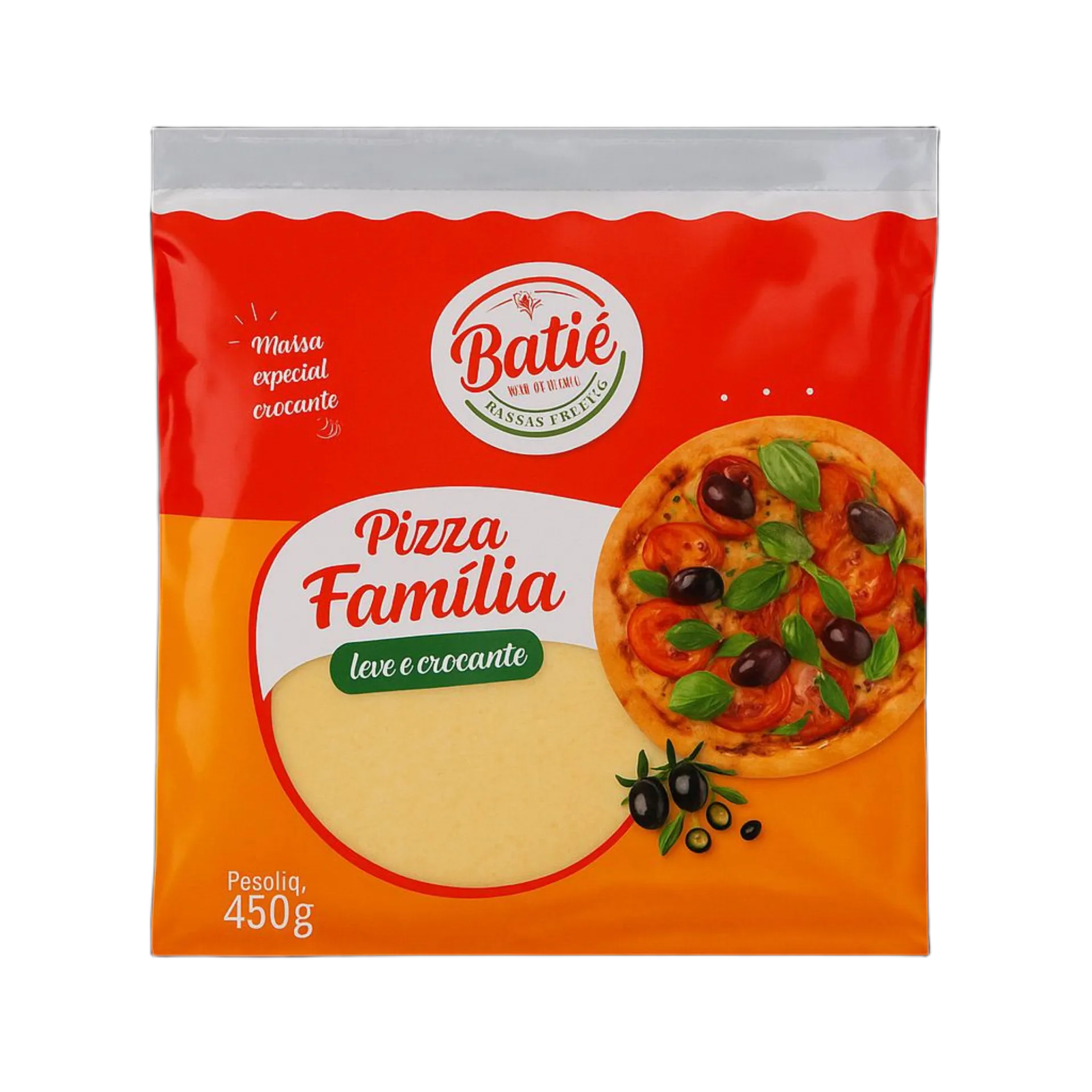 Massa de Pizza Família Batiê 450g - embalagem vermelha e laranja com massa pronta leve e crocante