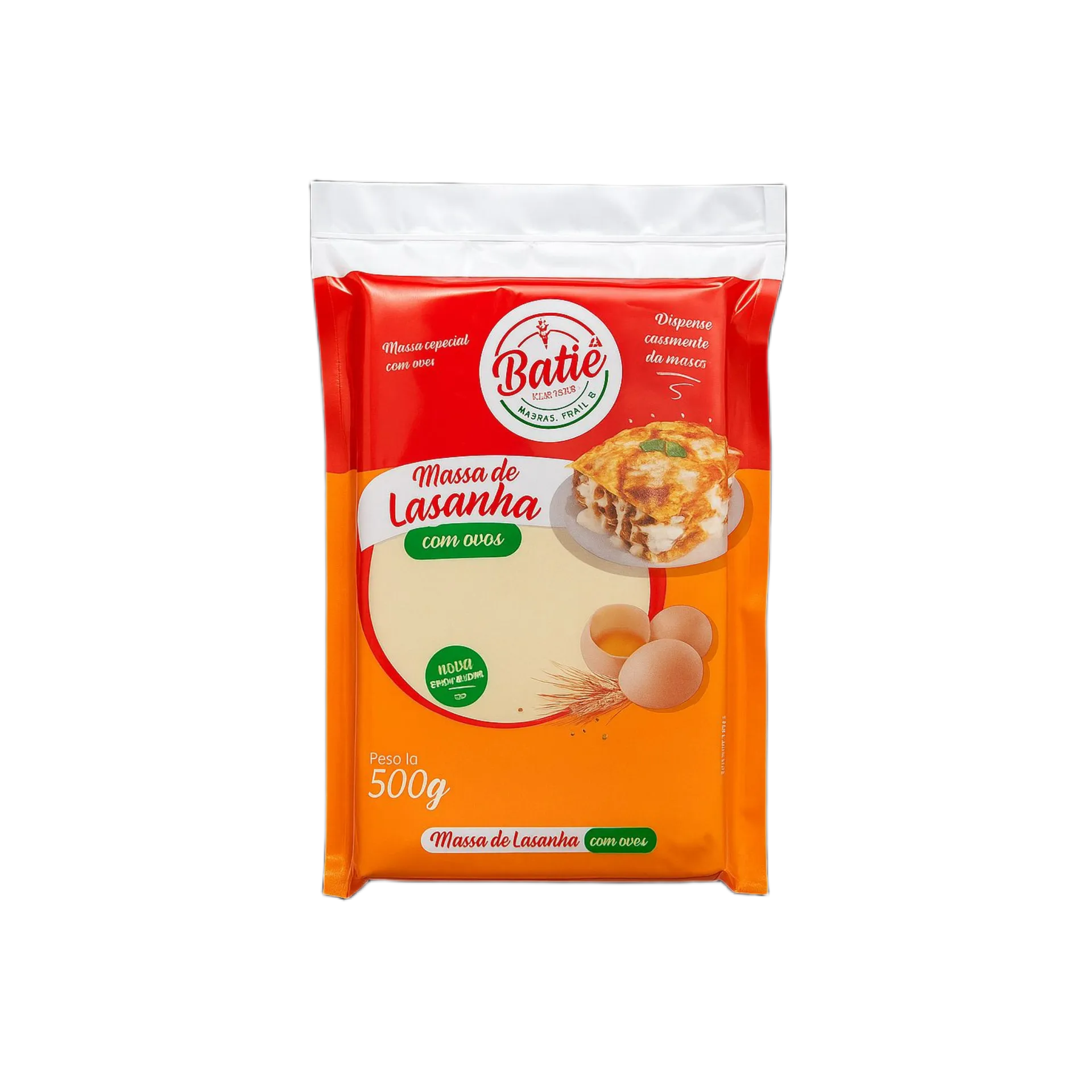 Massa de Lasanha com Ovos Batiê 500g - embalagem vermelha e laranja com massa especial com ovos