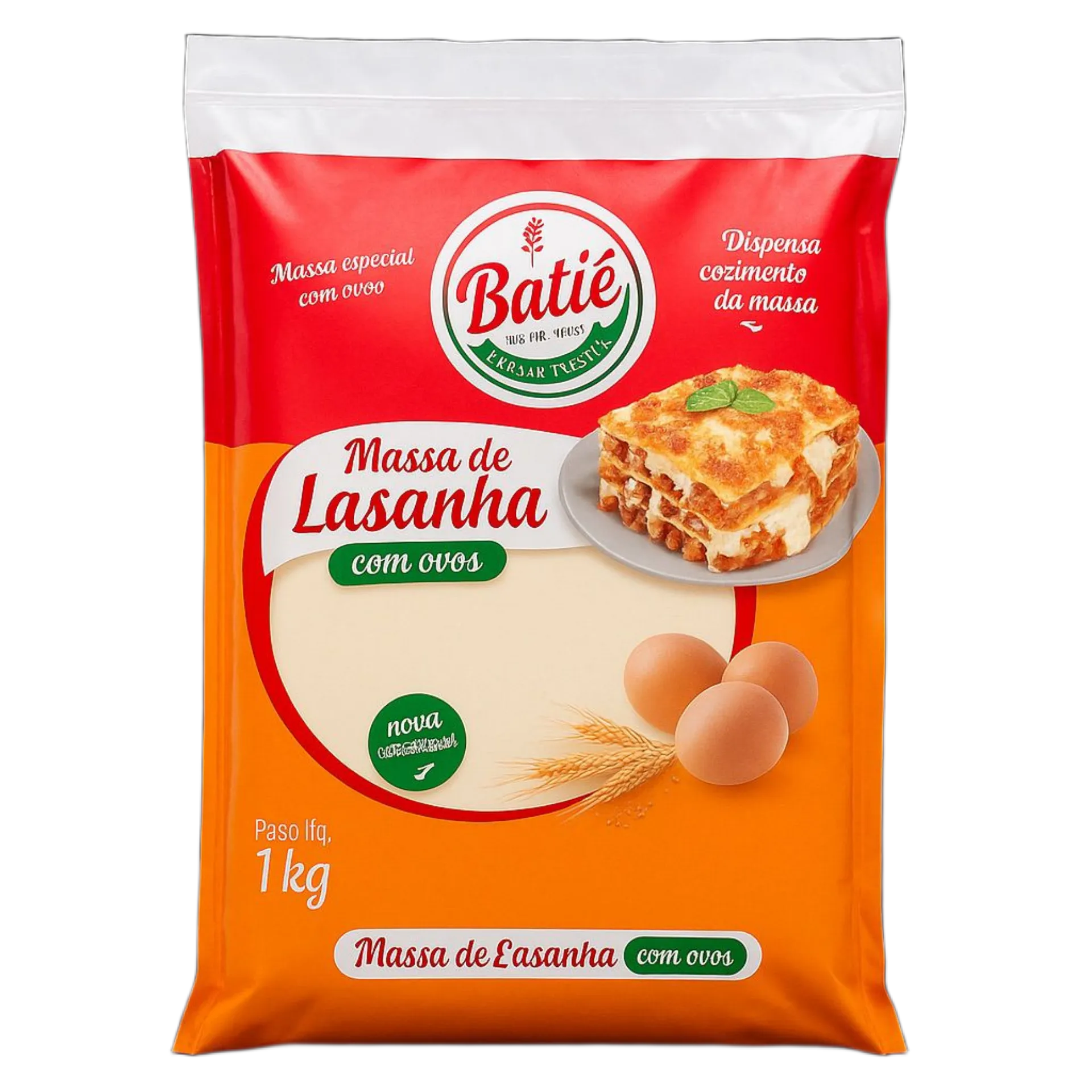 Massa de Lasanha com Ovos Batiê 1kg - embalagem vermelha e laranja com massa especial com ovos