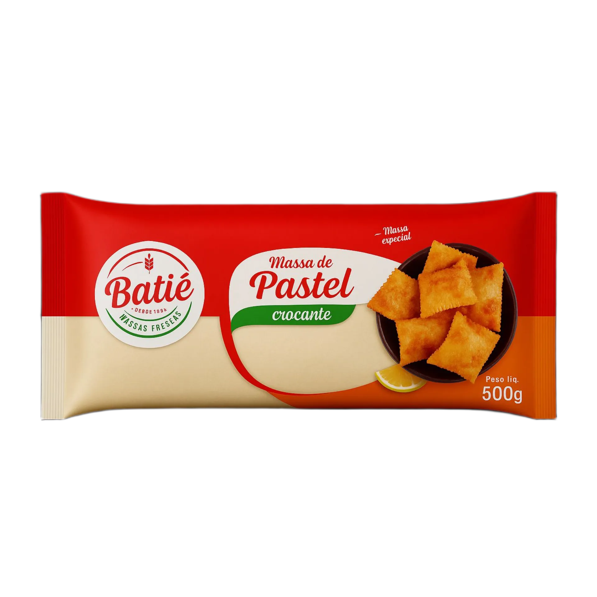 Massa de Pastel Crocante Batiê 500g - embalagem vermelha e laranja com massa crocante