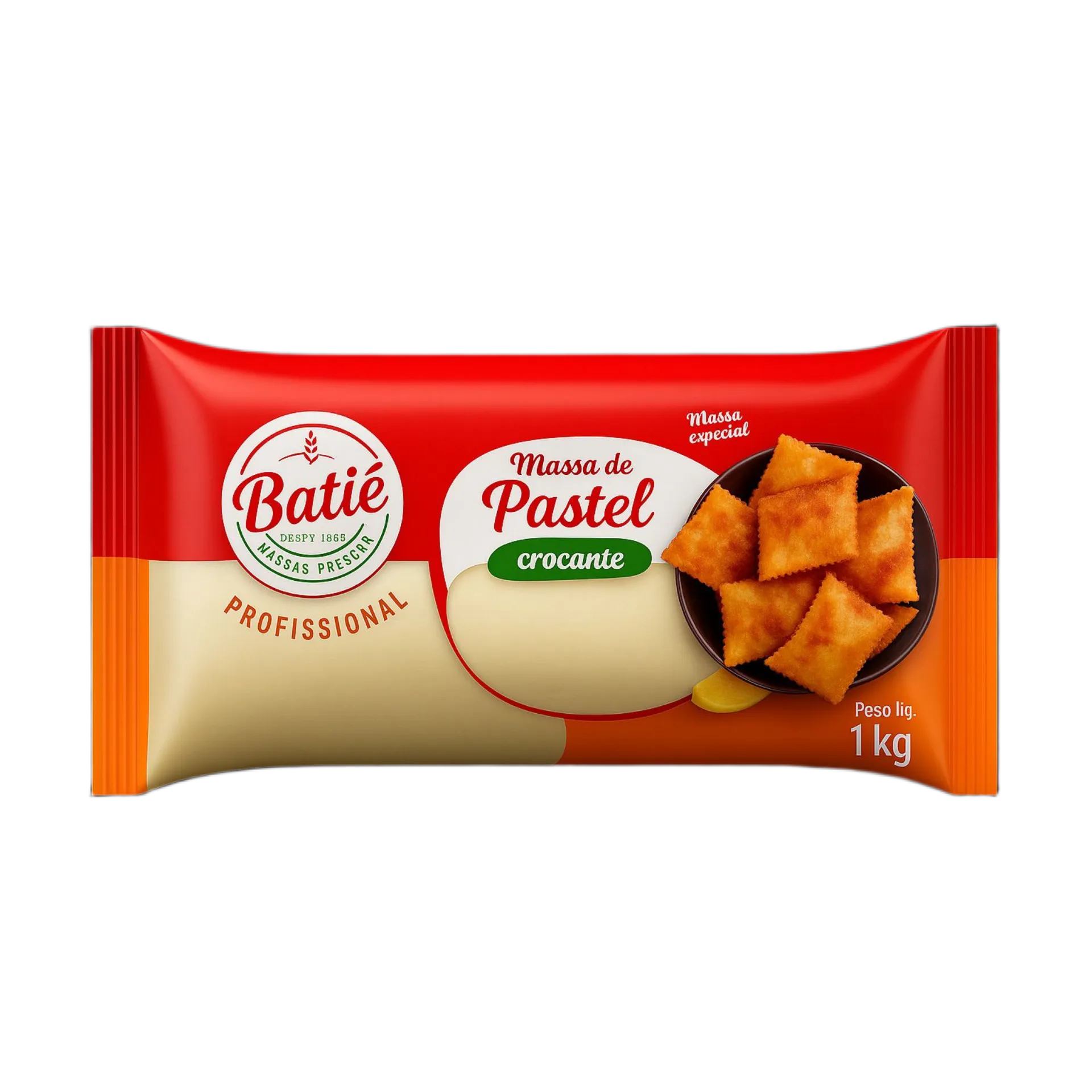 Massa de Pastel Crocante Profissional Batiê 1kg - embalagem vermelha e laranja com massa especial crocante