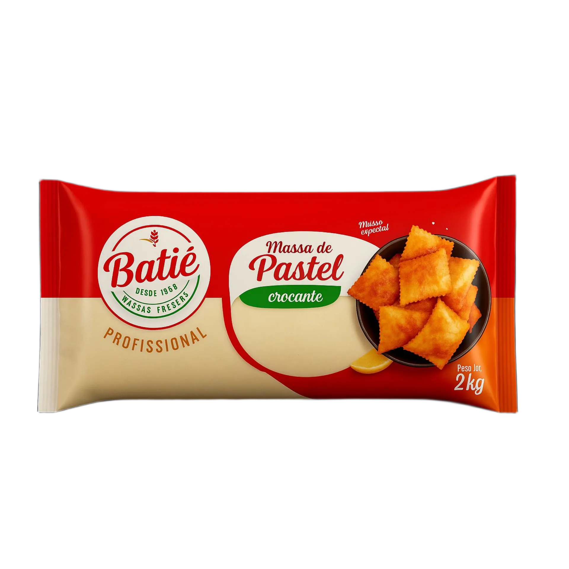 Massa de Pastel Crocante Profissional Batiê 2kg - embalagem vermelha e laranja com massa profissional crocante