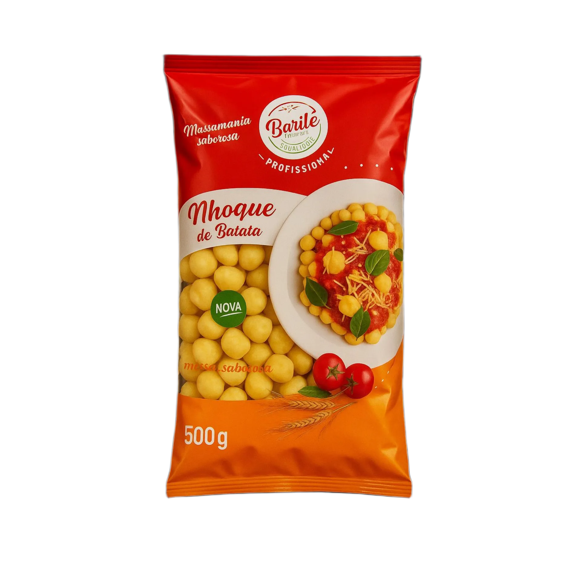 Nhoque de Batata Barile 500g - embalagem vermelha e laranja com massa profissional macia e saborosa