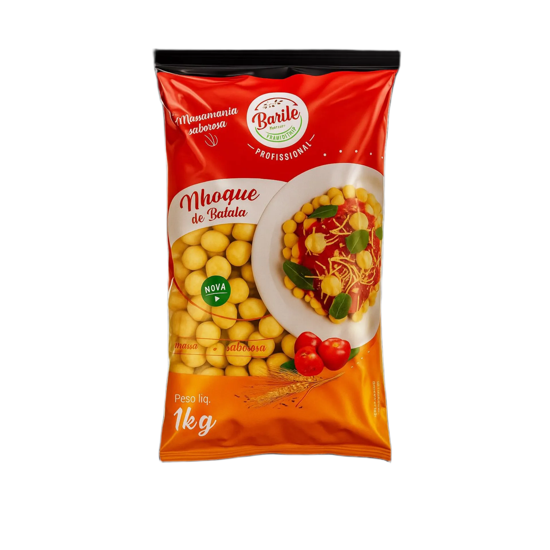 Nhoque de Batata Barile 1kg - embalagem vermelha e laranja com massa profissional macia e saborosa