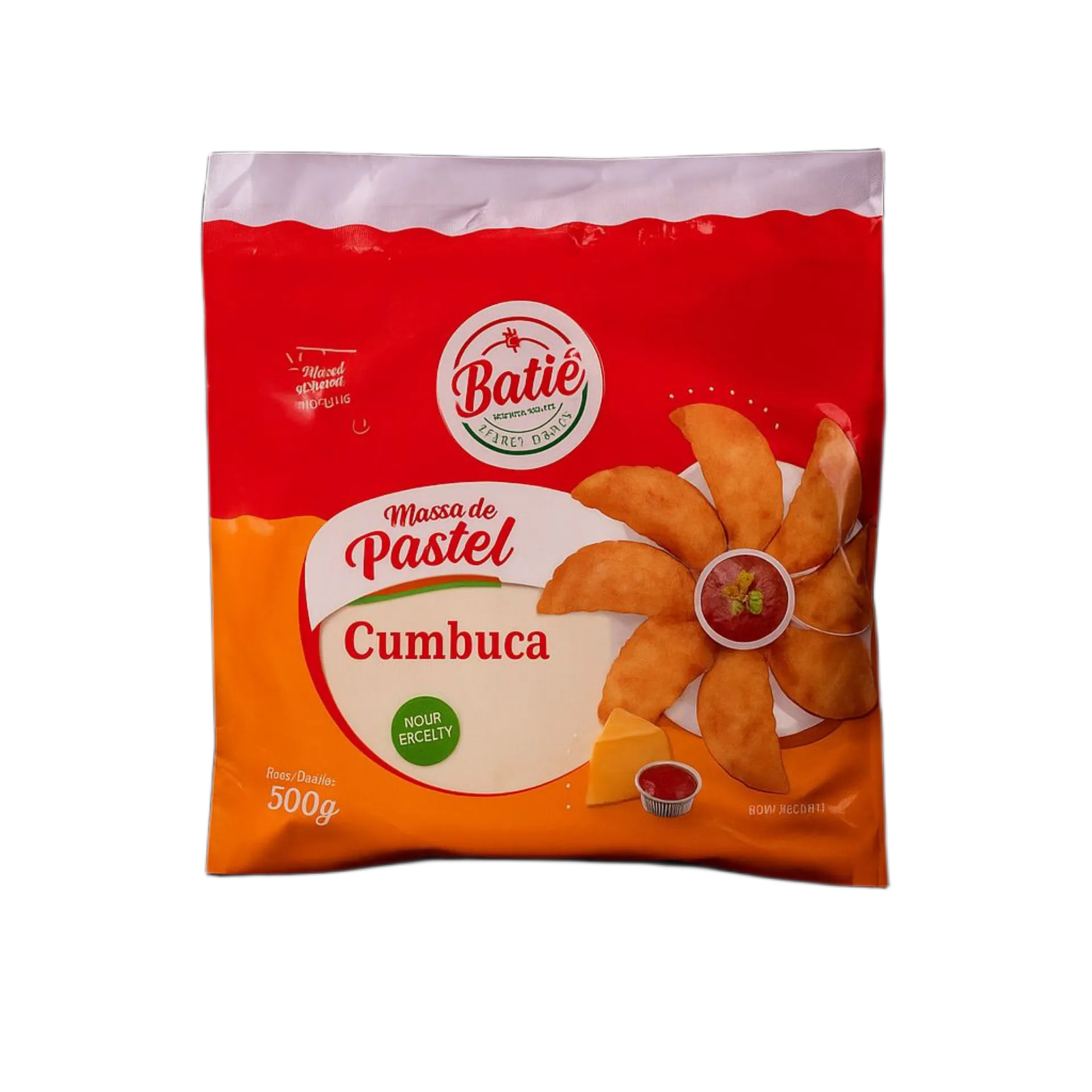 Massa de Pastel Cumbuca Batiê 500g - embalagem vermelha e laranja com massa especial formato cumbuca