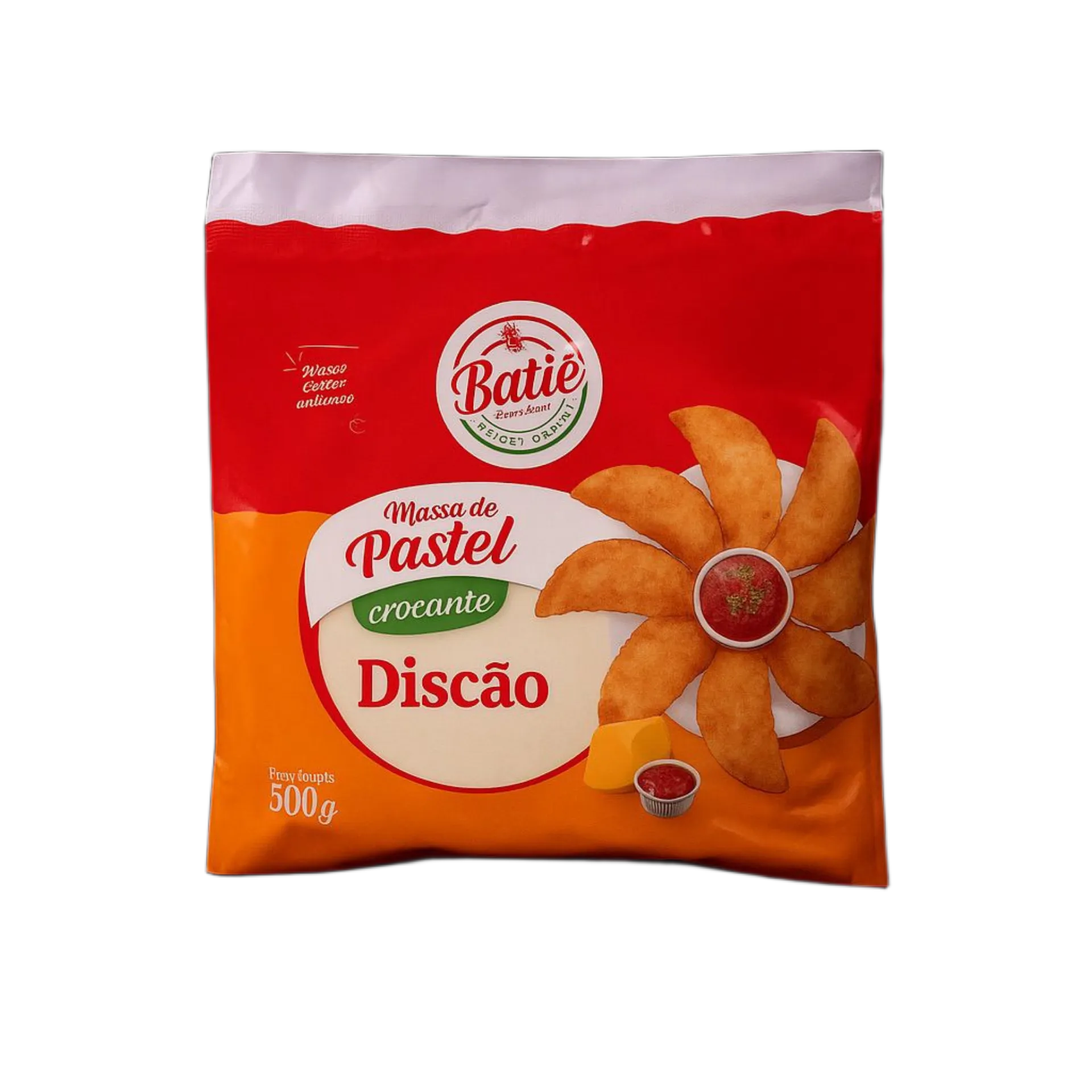 Massa de Pastel Crocante Discão Batiê 500g - embalagem vermelha e laranja com massa crocante formato discão